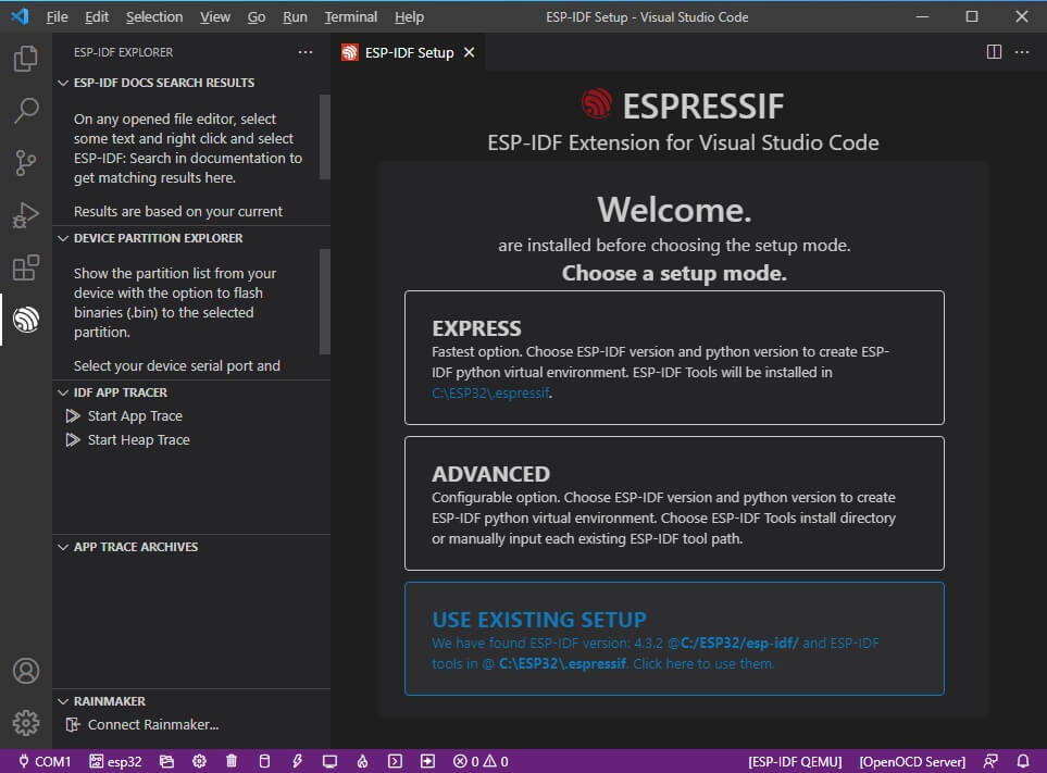 ESP-IDF Plugin setup page in VS Code