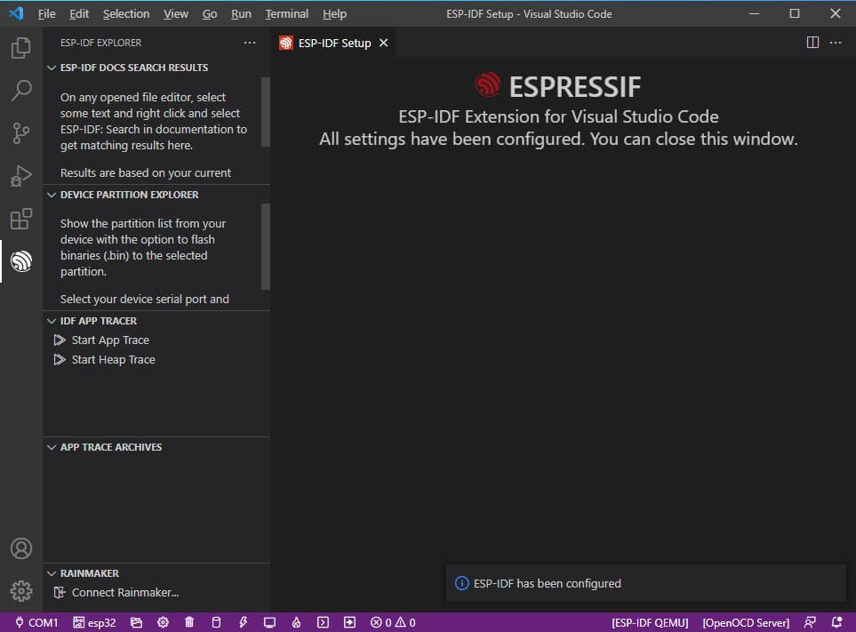 ESP-IDF Plugin setup complete page in VS Code