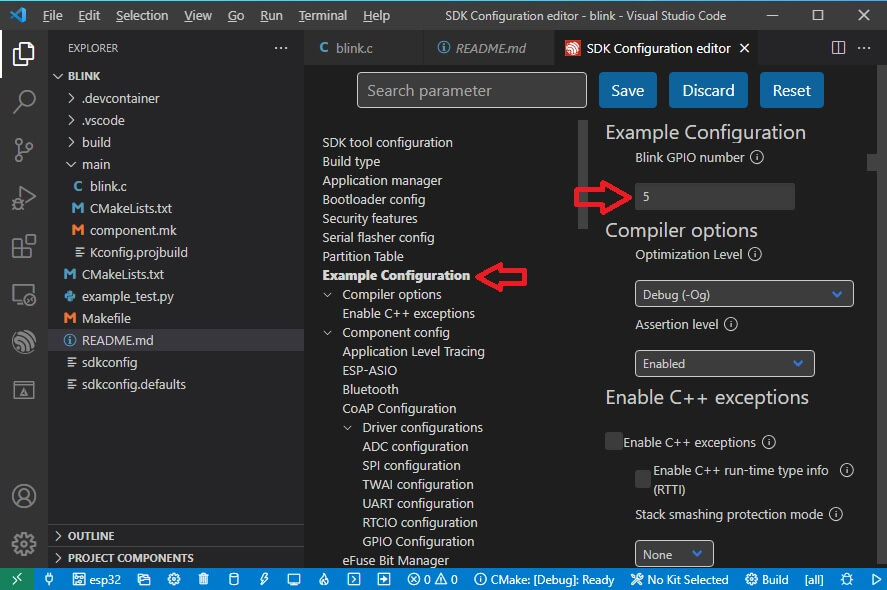 Configure the GPIO pin in for the example project in VS COde using ESP-IDF